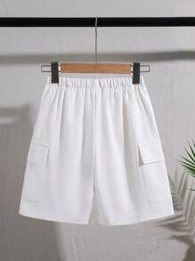 SHEIN Pantalones cortos cargo informales y frescos con bolsillo de solapa para niños preadolescentes - Blanco - Ver 2