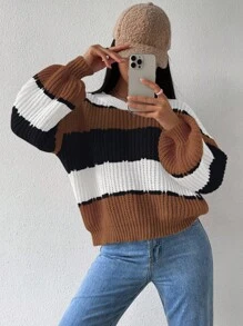 EMERY ROSE Women's Casual Everyday Contrast Color Round Neck Oversized Sweater Knit Pullover Fall Winter, Christmas - Multicolor - View 4