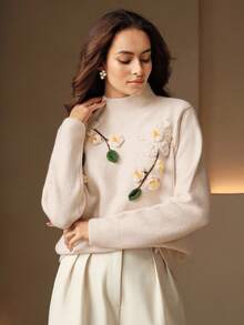 Anewsta Áo len cổ cao thanh lịch với thiết kế hoa trà 3D, thời trang sành điệu cho mùa thu/đông - Màu Khaki - Xem 5