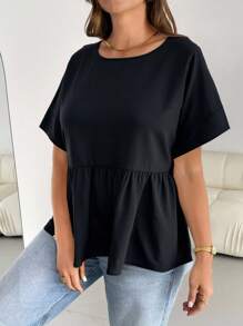 SHEIN Essnce 大码女装春夏时尚休闲宽松舒适日常清凉透气短袖黑色衬衫、外出上衣、曲线可爱上衣、工作上衣、女式衬衫 - 黑色 - 查看 3