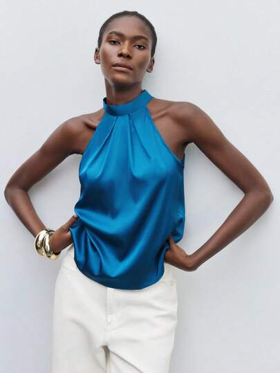 Maija Tie Back Satin Halter Neck Blouse Workwear,Sleeveless Tops,Autumn Outfits For Women