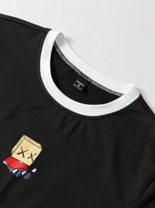 Manfinity Hypemode Men's Casual Cartoon Printed Colorblock Trim Short Sleeve T-Shirt - Black and White - View 4