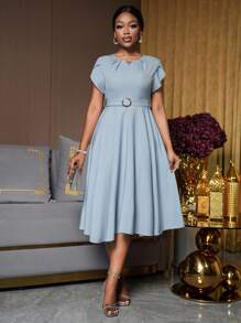 Lunelith SHEIN Lunessa Round Neck Pleated Petal Sleeve Belt Decor A-Line Commute Elegant Ladies Dress