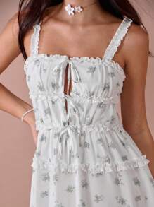 Enchnt Vestido maxi de princesa con estampado floral blanco, volantes y lazos en los tirantes para mujer, romántico de verano - Multicolor - Ver 2