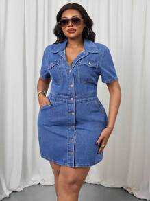 Slaydiva Plus Size Casual Wash Front Button Denim Dress - Blue - View 3
