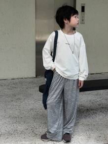 Dazy Kids 2pcs Kids Fall Outfit, Toddler Boys Loose Casual Striped Letter Print T-Shirt And Straight Leg Sweatpants Set - White - View 8