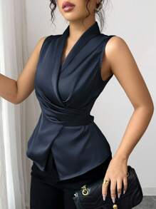 Elenzga 女士优雅办公室商务休闲无袖衬衫，有领，交叉系带腰部，褶皱后腰蝴蝶结下摆开叉，适合通勤、办公室、下午茶、派对、春夏季 - 藏蓝色 - 查看 6