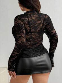 SHEIN PETITE Damen Große Größen Spitze durchsichtige Langarm sexy Bluse