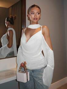 Glamine 2025 Elegante blusa de gasa sin mangas de unicolor con tirantes, ropa de otoño para mujeres, de vuelta a la escuela - Blanco - Ver 2