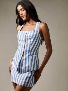 MISSGUIDED Conjunto de minifalda y chaleco de estilo rayado para verano, con cuello cuadrado, sin mangas, con botones frontales, ideal para usar en la playa, de vacaciones o en una fiesta junto al mar. - Multicolor - Ver 6