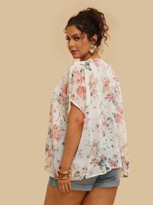 SHEIN VCAY Kimono de manga de murciélago con estampado floral para talla grande, de verano - Blanco - Ver 2