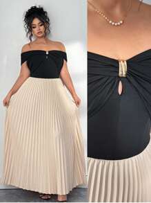 Elenzga Große Größen Elegantes plissiertes Farbblock-Kleid, Off-Shoulder für Damen, Off-Shoulder