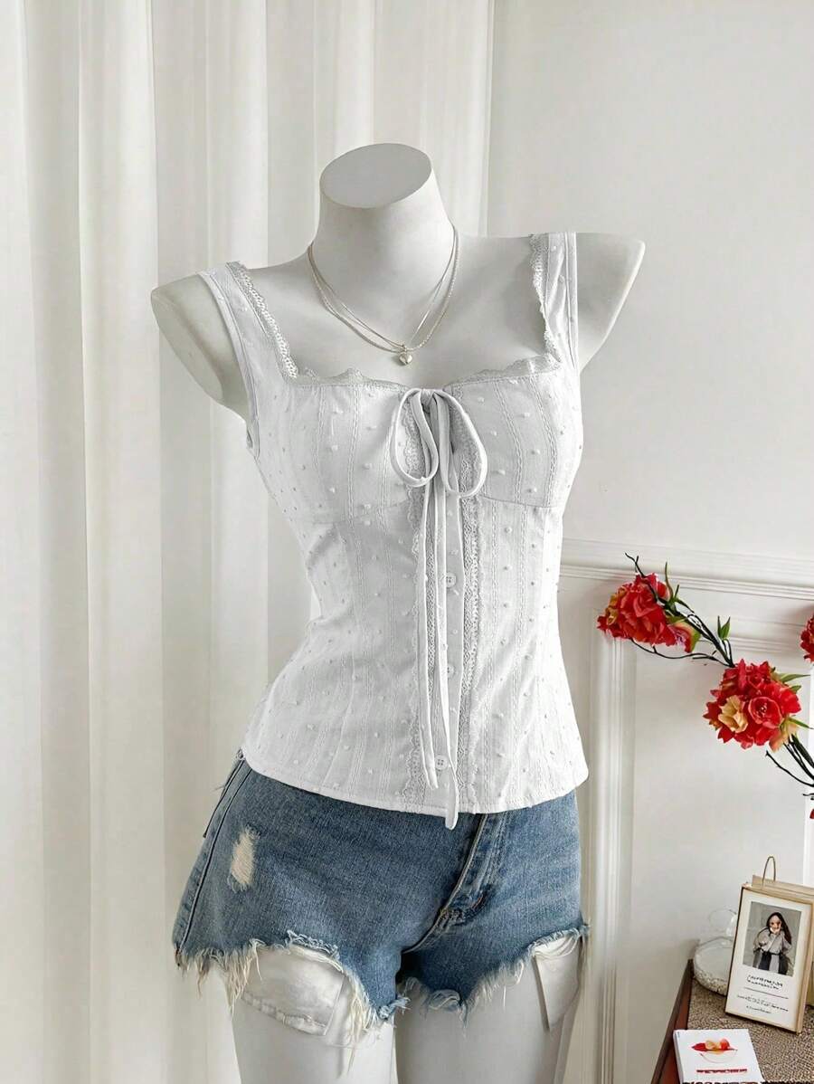 Sweetra Áo ba lỗ thêu ren lãng mạn kiểu Pháp dành cho nữ, thiết kế vừa vặn, không tay, áo lót đa năng hoặc áo khoác ngoài - trắng - Xem 1