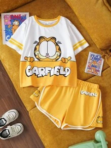 GARFIELD | SHEIN Bộ 2 áo phông sọc họa tiết hoạt hình dễ thương mùa hè cho bé gái tuổi teen và quần short, năng động - Màu vàng - Xem 2