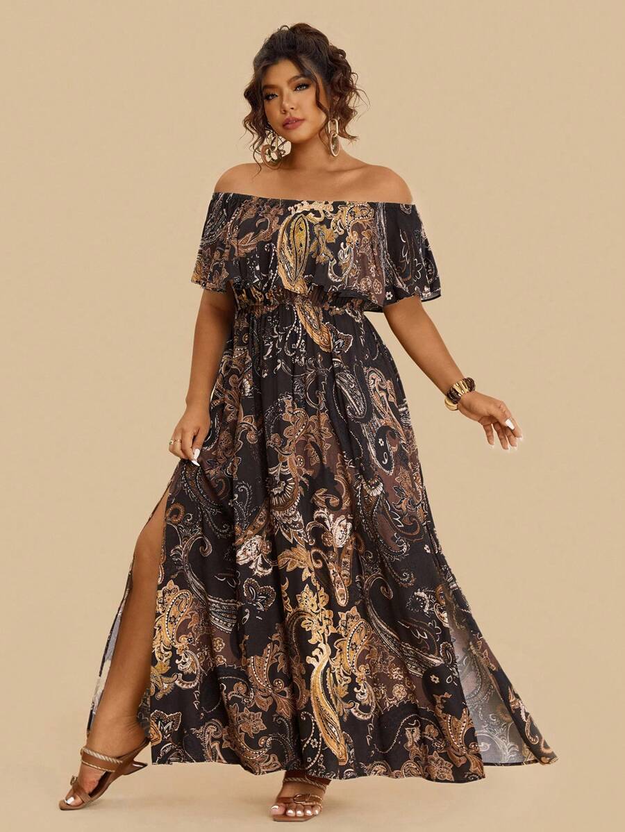 Travachic Rochie de damă plus size cu imprimeu boem Paisley și umeri goi, cu tiv cu volane, stil casual de vacanță, toamnă - Negru - Vizualizare 1