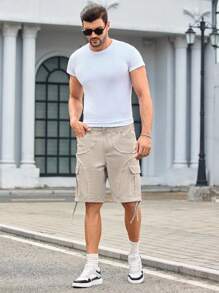 Manfinity VCAY Quần short denim cạp vừa, họa tiết chắp vá bất đối xứng, viền tua rua, thường ngày cho nam, quần short nam, quần short nam, quần short kaki, quần short nam, quần short túi hộp cho nam - Màu be - Xem 4