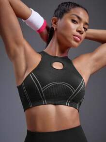 Powerista 女士条纹镂空设计短款运动文胸，适合日常锻炼 - 黑與白 - 查看 6