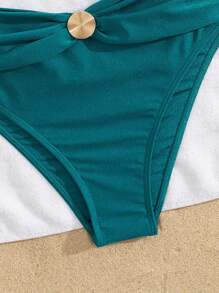 Swim Chiccia Quần yếm cạp cao vải nhẹ màu xanh nhạt cho lễ hội âm nhạc bãi biển mùa hè dành cho nữ Bộ bikini thanh lịch theo phong cách nghỉ dưỡng - Màu xanh ngọc - Xem 6