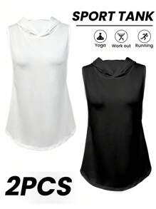 SHEIN Velisys 2 chiếc áo thun thể thao không tay có mũ trùm đầu rộng rãi thoải mái dành cho nữ mặc ngoài trời và hàng ngày - Nhiều màu - Xem 2