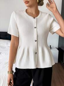 SHEIN Frenchy Women White Elegant Summer Brunch Short Sleeve Ribbed Knit Cardigan,Heart Metallic Button Closure,Round Neck Solid A-Line Hem Minimalist Office Top - Apricot - View 1