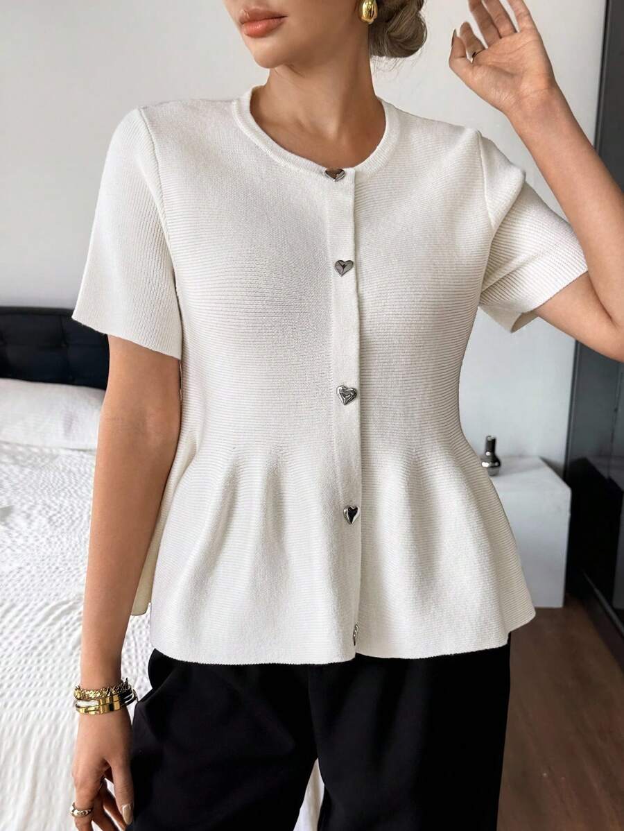 SHEIN Frenchy Women White Elegant Summer Brunch Short Sleeve Ribbed Knit Cardigan,Heart Metallic Button Closure,Round Neck Solid A-Line Hem Minimalist Office Top - Apricot - View 1