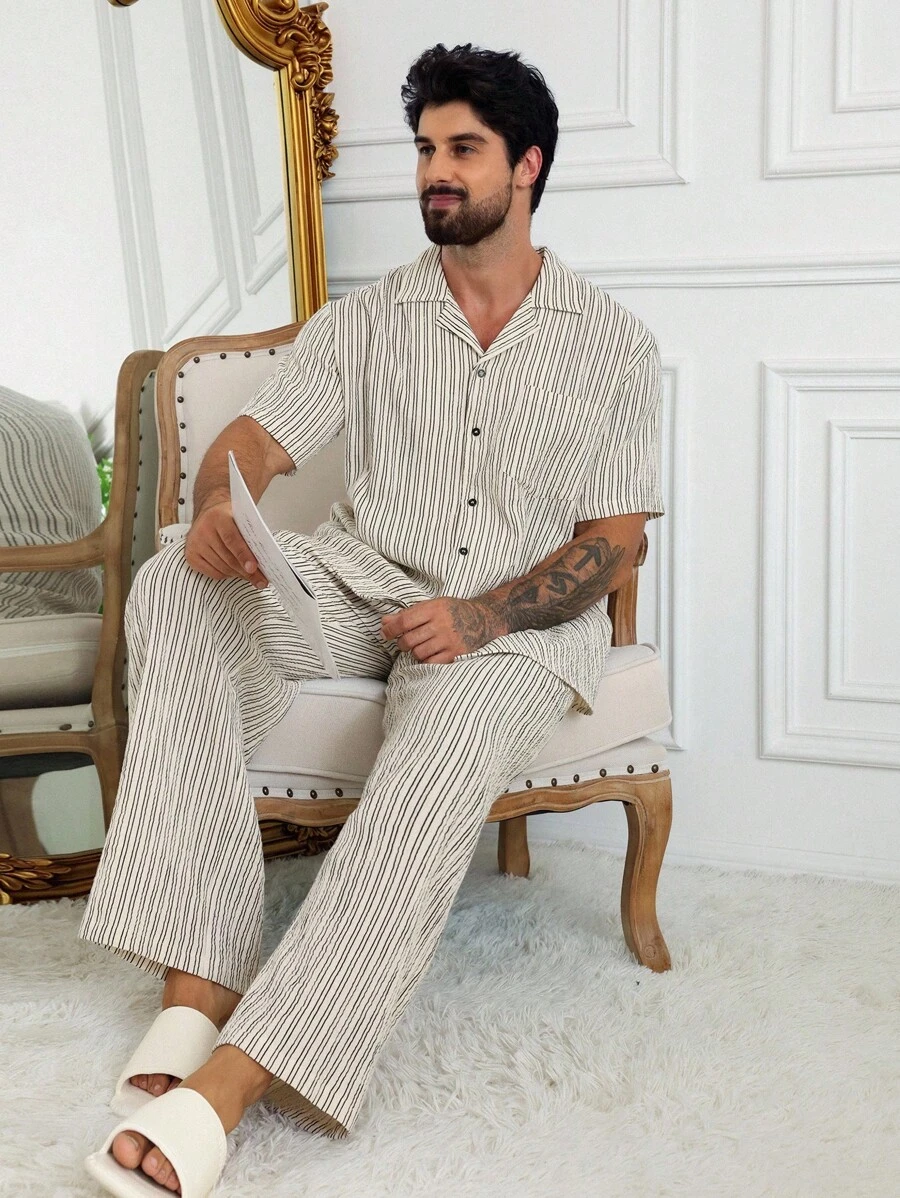 DAZY Khaki Stripe Textured Fabric Men's Pajama Set, Spring/Summer - Khaki - View 1