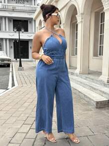 SHEIN ICON 大码女式无弹力休闲夏季牛仔连体裤 - 藍色 - 查看 4