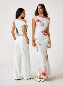 SHEIN Tall Women's Floral Print Elegant Asymmetrical Neck Ruched Vacation Bodycon Dress White Dress - White - View 3