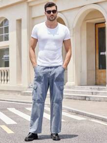 Manfinity VCAY Pantalones vaqueros cargo de pierna ancha con bolsa de solapa para hombres