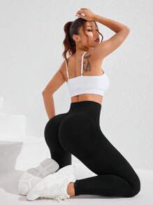 SHEIN Sports 女士无缝高腰塑身高弹力紧身裤 - 黑色 - 查看 2