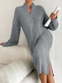 EURMUSE Women Knit Sweater Dress With Zipper Detail,Petite - Light Grey - View 2