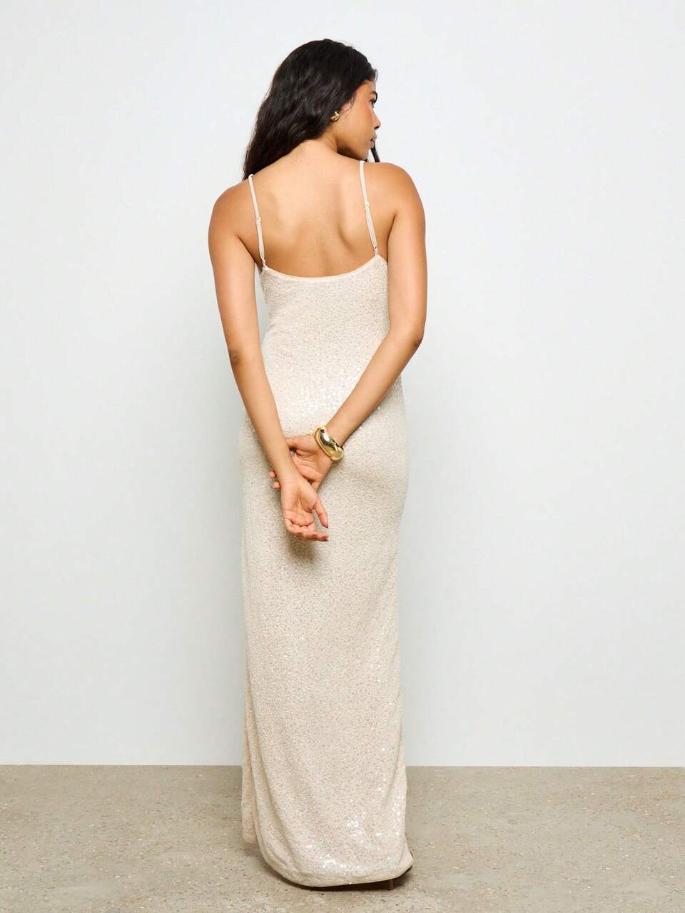 AiiRZ Elegant Sequin Maxi Evening Gown Spaghetti Strap Form Fitting Occasion Dress With Side Slit Sparkly Wedding Guest Prom Bridesmaid Formal Dress Prom