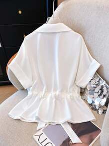 Franclia Áo sơ mi nữ cổ chữ V màu trơn có dây rút khóa kéo, mùa hè - trắng - Xem 2