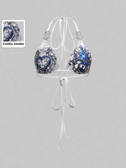 Top tipo camiseta de bikini con estampado de corazón y alas de cristal, estilo punk Y2K