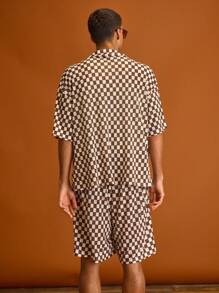 Musero Checkered Boxy Oversized Button Through Short Sleeve Shirt Revere Collar Sets Spring Summer Holiday Vacation - Multicolor - View 3