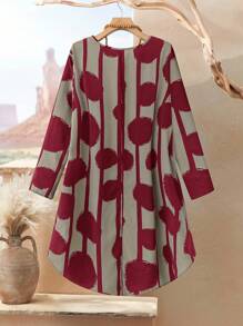 Rusticease Plus Size Women 2pcs Set Geometric Print Round Neck Long Sleeve Asymmetric Hem Top And Pants, Casual, Winter Set,Suitable For Early Autumn,Going Out Outfits,Western Outfits ,Women Vacation Outfits