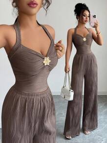 Selianne Bộ 2 món áo crop top dây mảnh họa tiết hoa phong cách Y2K mới + quần ống đứng, vừa vặn, hoàn hảo cho Ngày Độc lập và phong cách Stockholm, màu nâu - màu nâu - Xem 3