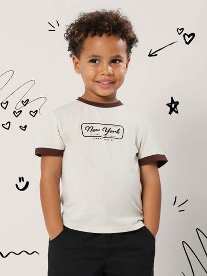 SUMWON 儿童复古 Ringer T 恤纽约城印花棉质平纹针织短袖休闲日常必备都市街头服饰夏季春季圆领 T 恤