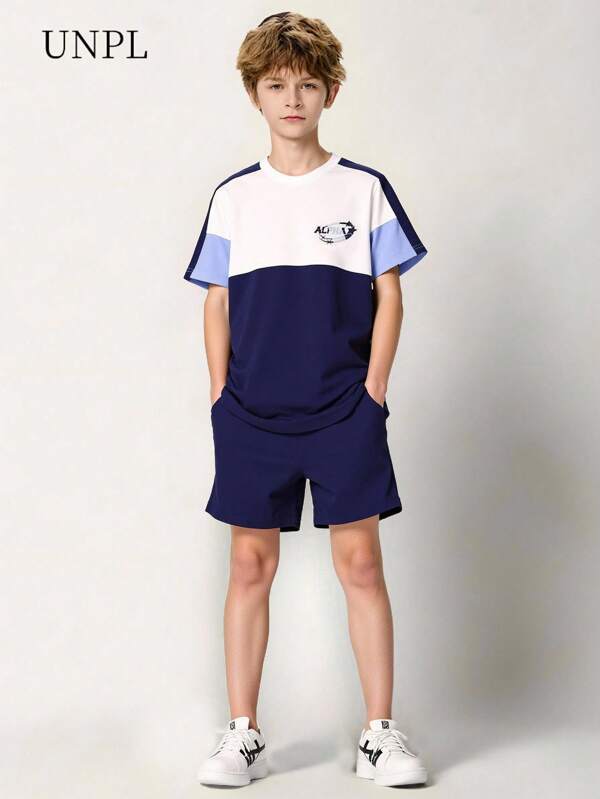 SHEIN 2 pezzi/set Completo estivo da bambini 8-12 anni, maniche corte bicolore blu e bianco