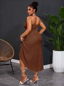 Slaydiva New Spring And Summer Casual Vacation Tube Top With Overlapping Pleat Design In The Front And Center, Curved Hem, Short Front And Long Back, Yellow Vertical Pattern Texture Women's Plus Long Dress,Homecoming Dress - Brown - View 3
