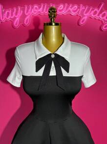 Slaydiva New Style Early Autumn And Summer Casual Street Hottie Style Sweet Girl Style Elegant Daily Date Birthday Party POLO Collar Bowknot White Splicing Black 2 In 1 Design Multi-Layer Cake Dress Ruffle Hem A-Style Dress Mini Dress Knitted Ladies Mini Dress-A