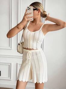 SHEIN Frenchy 2pcs Knitted Swirl Pattern Camisole Top And Shorts Set, Sweater Two Pieces Set, Women Summer Casual Vacation Knit Suit Winter - Apricot - View 6