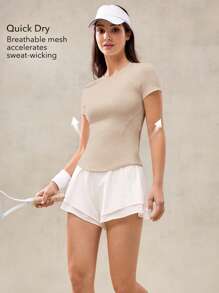 OutZeal 女士健身服运动T恤 普拉提运动服 速干凉爽触感网眼设计 短袖紧身压缩上衣 运动上衣 - 卡其色 - 查看 2