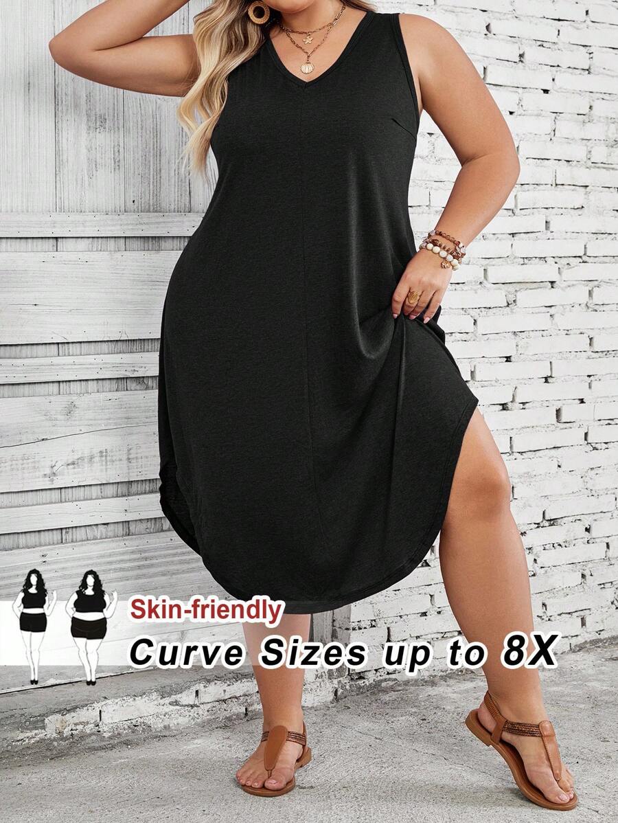 SHEIN CURVE+ 大尺碼女款純色圓弧下擺背心洋裝 - 黑色 - 查看 1