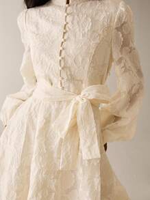 Lilora Elegant Sweet Jacquard Texture Premium Quality Stand Collar Cinched Waist Big A-Line Front Button Puff Lantern Sleeve Short Women's Dress, Spring/Summer Creme Dress Victorian Vintage Style Dress French Style Dress Ivory Dress Urban Style - Beige - View 8