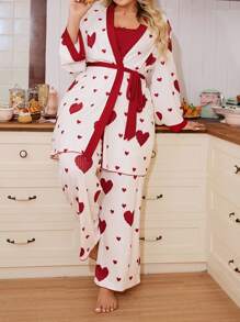 SHEIN 甜心印花睡衣套装，舒适时尚撞色睡袍套装，时尚风格，加大码，秋季服装，舒适装扮