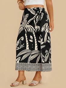 Travachic Falda para mujer talla grande de dos tonos con estampado geométrico y floral estilo bohemio y casual de vacaciones con flecos y nudo, otoño