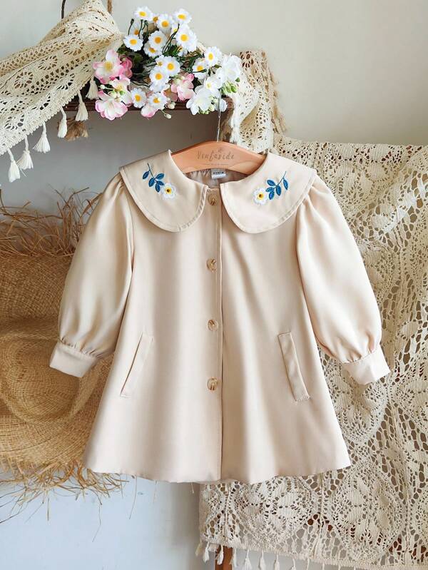 Vintaside Kids Baby Girl This Long-Sleeved Jacket In Apricot Color For Spring And Autumn Is Simple, Casual, Elegant And Versatile. The Flower Embroidery Pattern On The Collar Adds A Atmosphere, And The False Pocket Design Is Simple And Unique. The Puffed Sleeves Are Cute And Playful. Made Of Woven Fabric, They Have A Loose Fit And Are Suitable For Daily Shopping, Participating In Small Activities In Kindergartens, Attending Parties, Etc