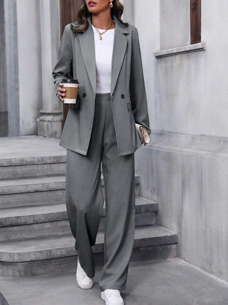 Lumivelle Minimalistisk kontorskostym med enfärgad kavaj och byxor, dubbelknäppt, för kvinnor - Mörkgrå - Visa 3