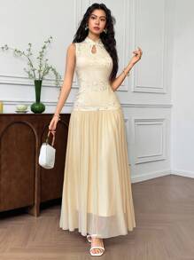 EastFlair Đầm dài không tay cổ vuông thêu hoa cho nữ, phong cách Trung Hoa thanh lịch - Màu be - Xem 3